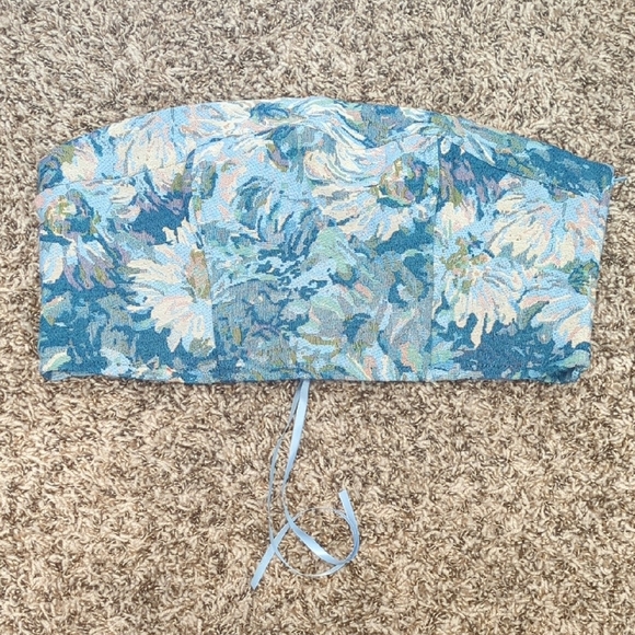 Madden NYC lichen blue brocade strapless floral swirl corset back crop tube top - Picture 4 of 13